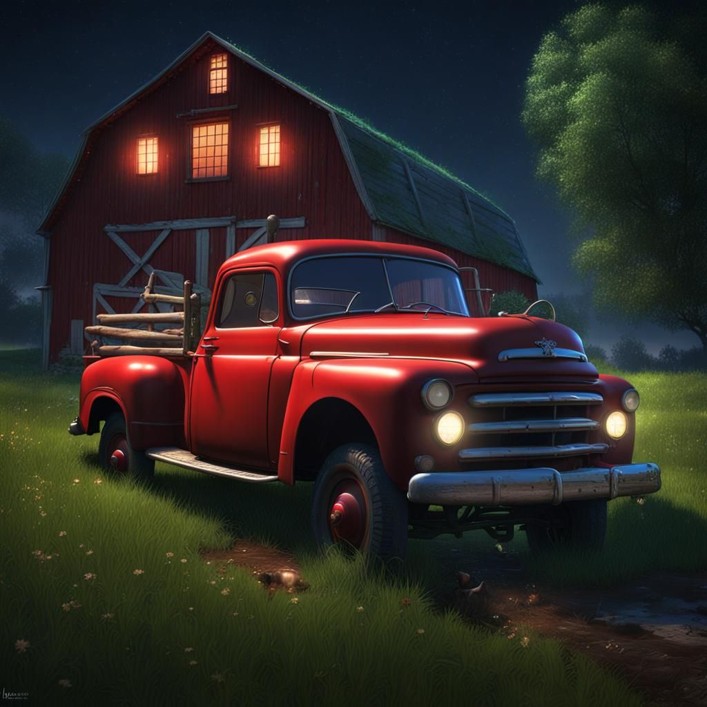Night Stars Over Red Barn With Old Truck