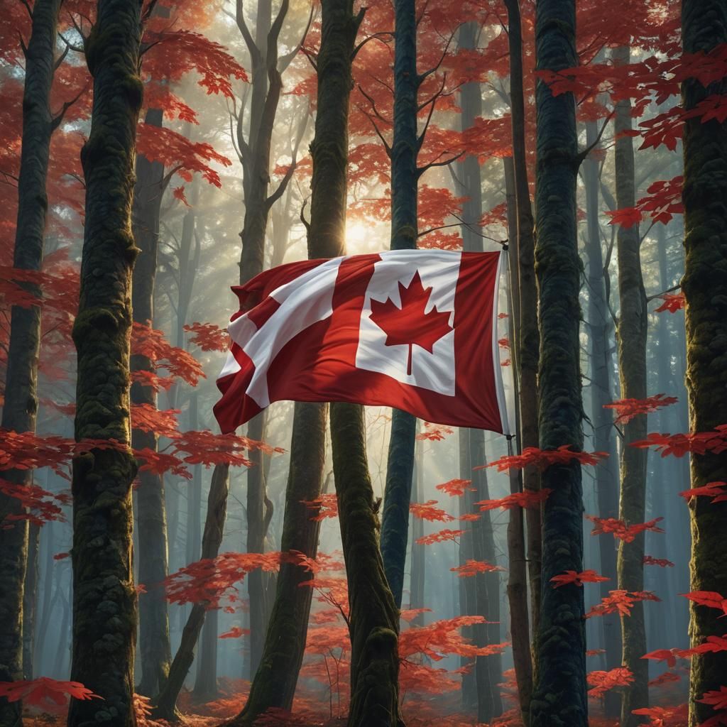 Majestic Canadian Flag in Mystical Forest