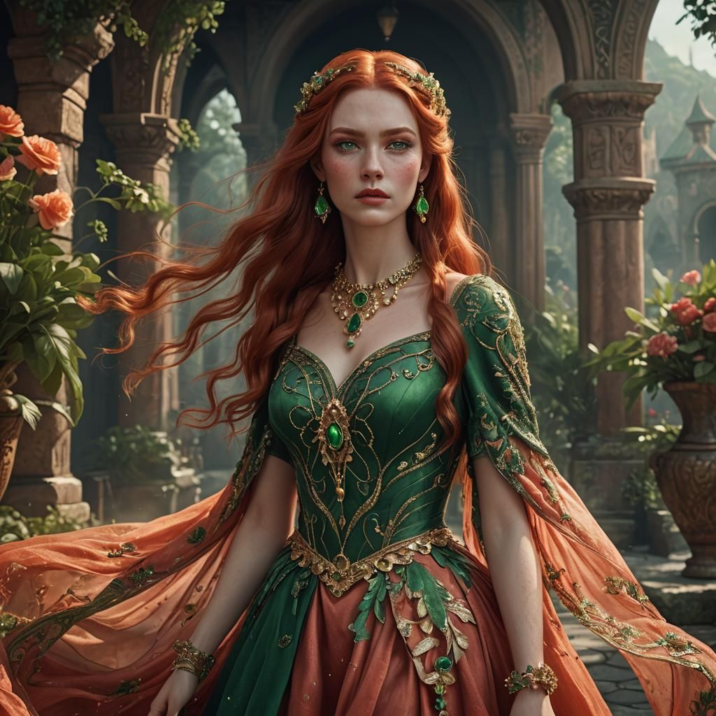Elegant Irish Woman with Red Hair in Fantasy Art