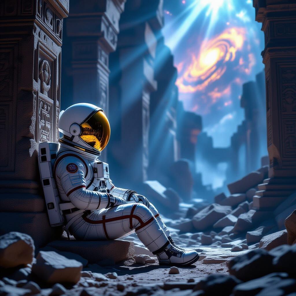Astronaut Exploring Ancient Ruins in Nebula Glow