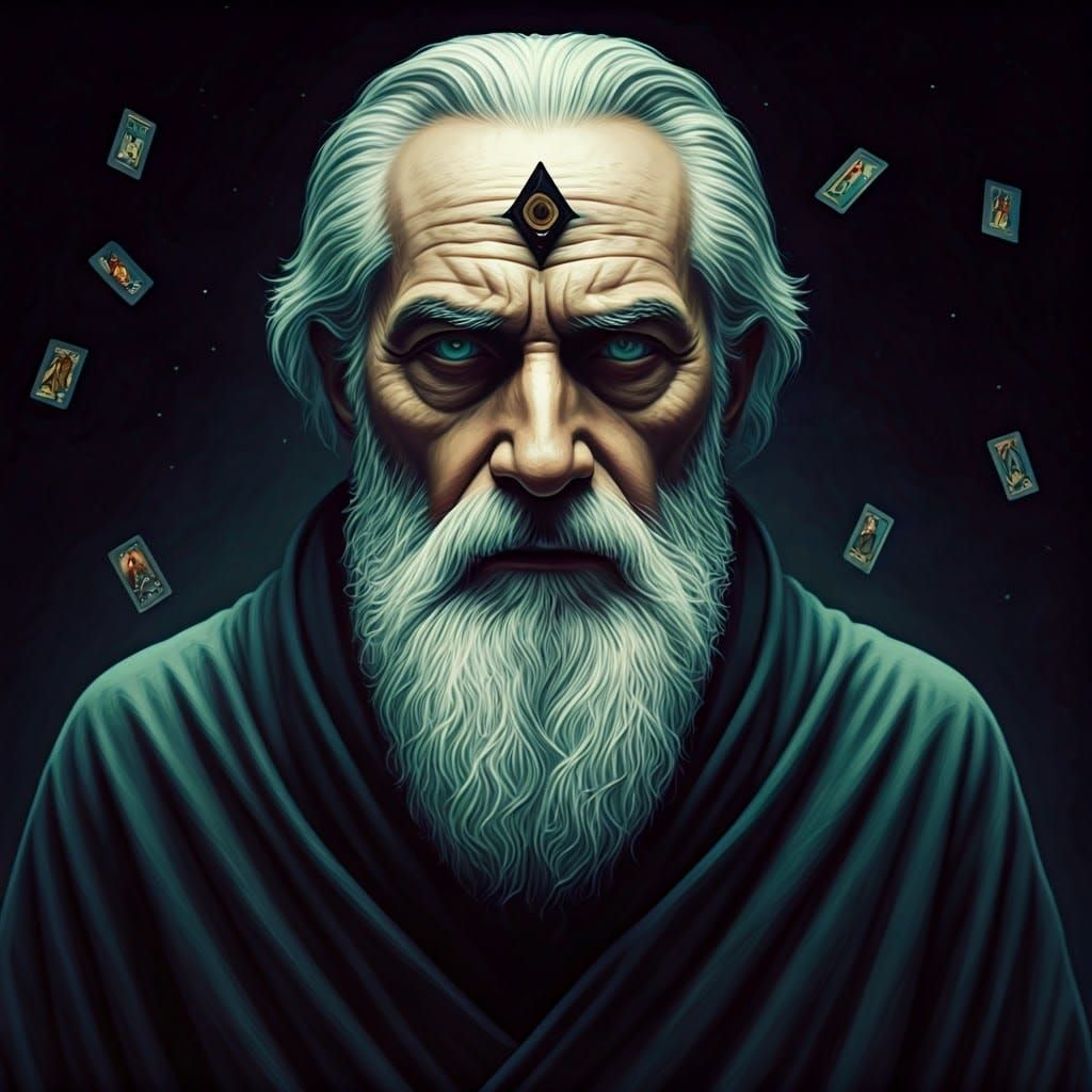 Mysterious Sage with Glitched Data Eyes in Dreamlike Impress...