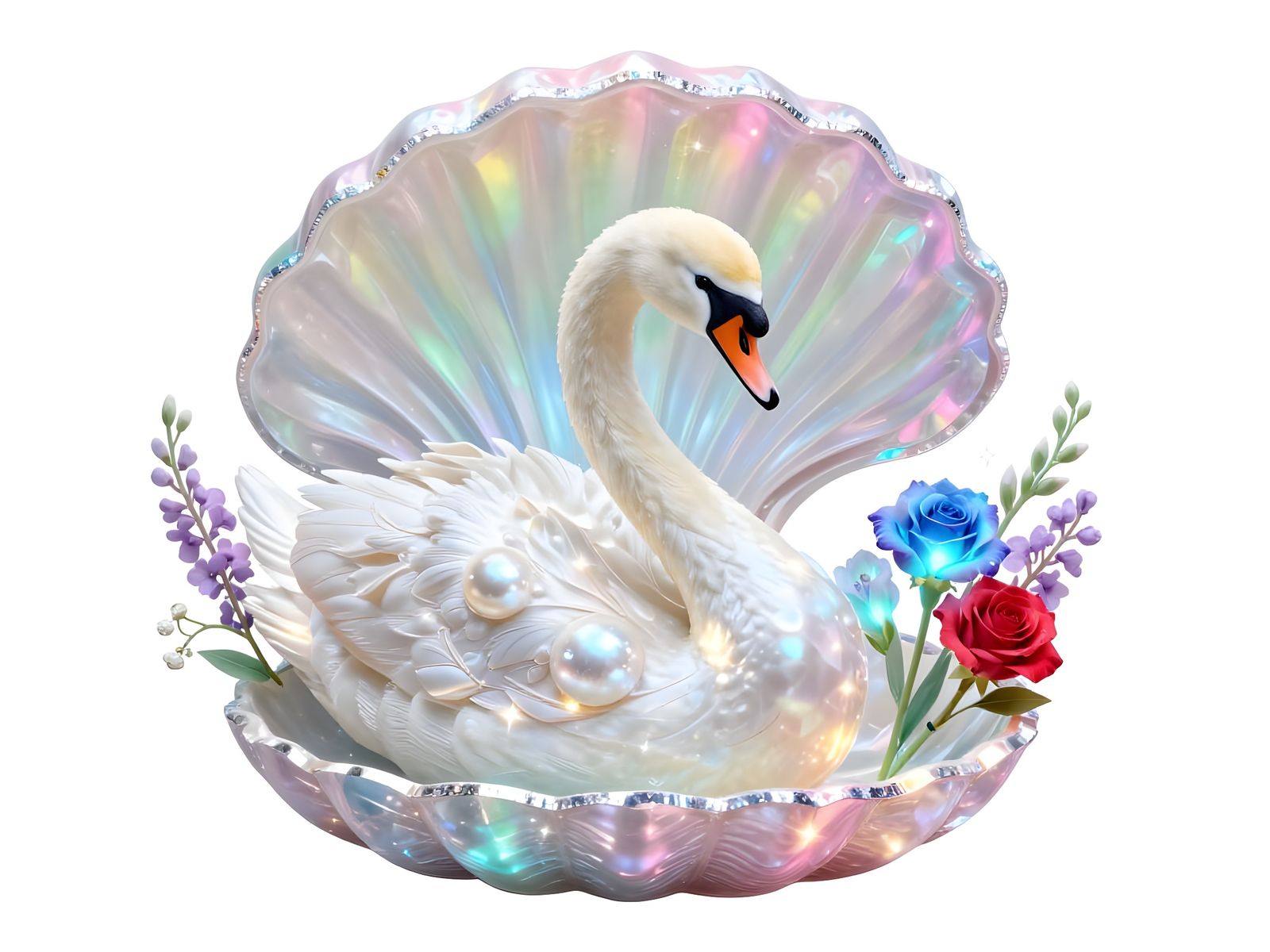 Radiant Pearl Swan in Crystal Shell with Gemstone Flowers