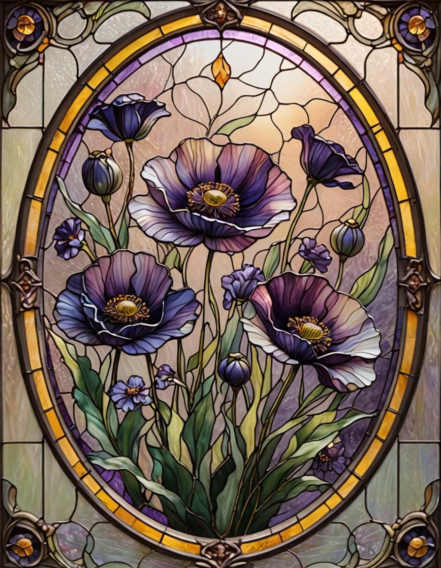 Purple Anemone in Stained Glass Art Nouveau