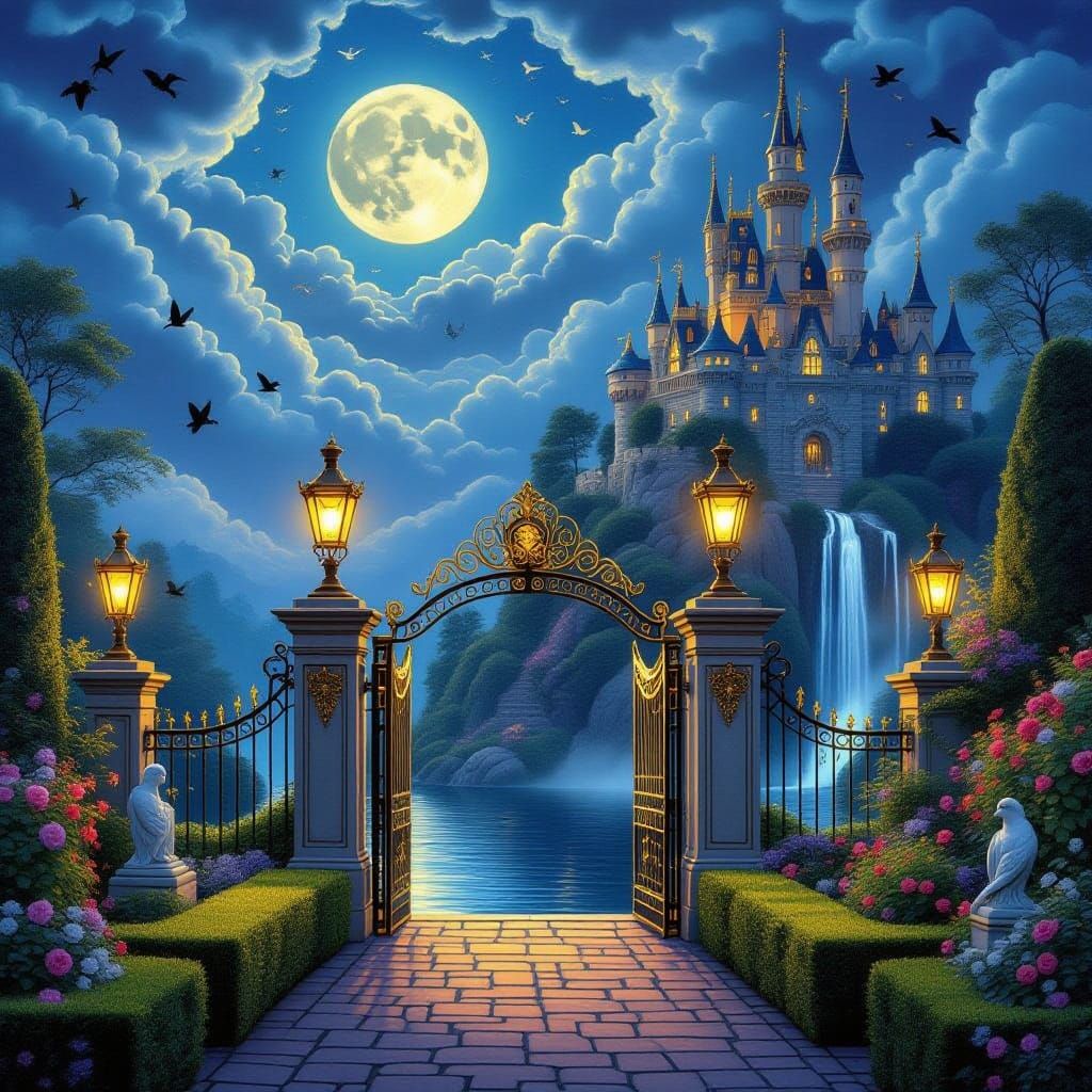 Moonlit English Garden at Sunset