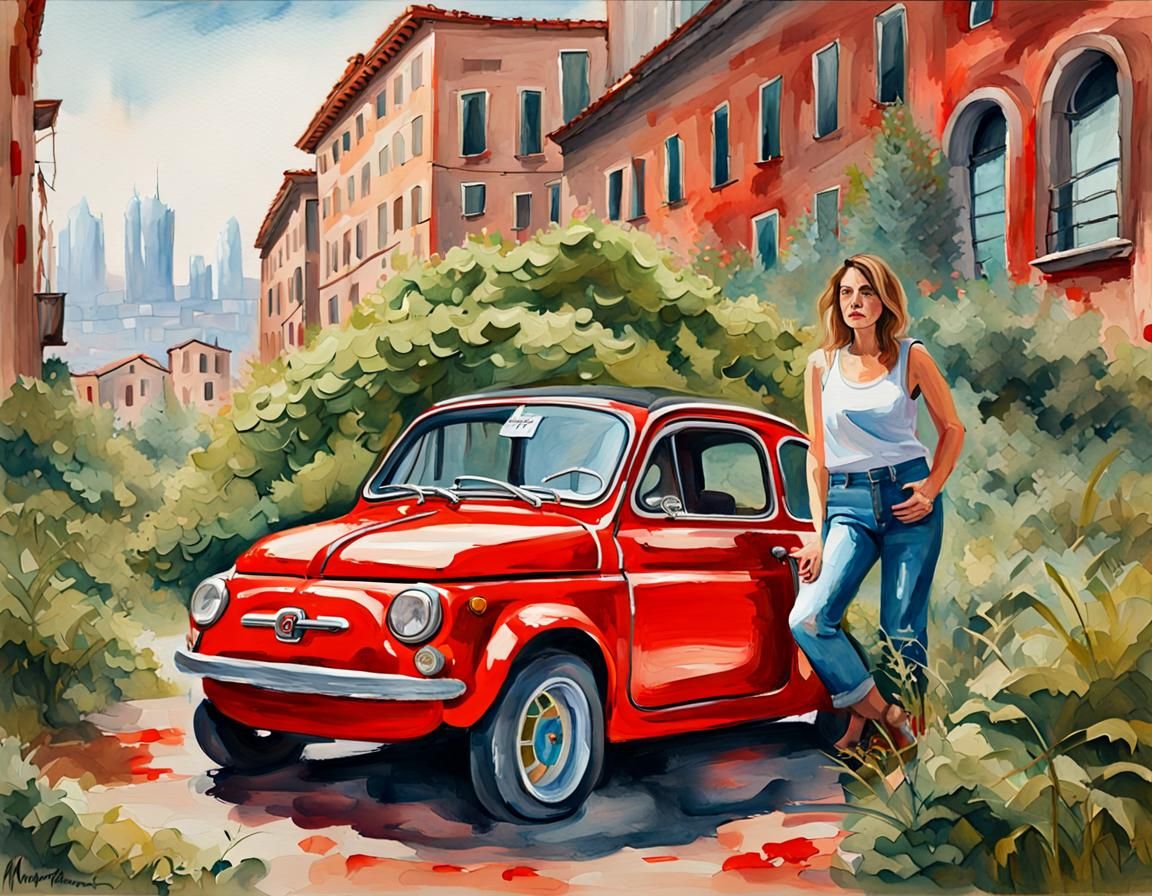 Post-Apocalyptic Fiat 500 in Gouache Style
