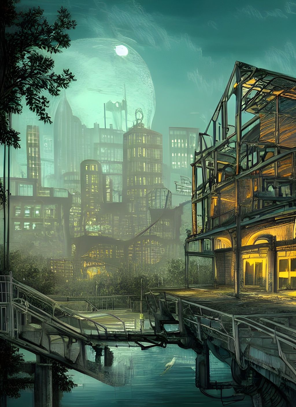 Abandoned City at Dusk in Magic Realism Style