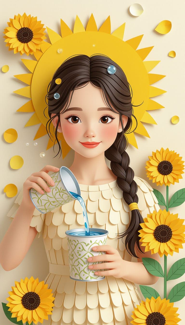 Paper Cut Collage: Girl Pouring Water with Sunflower Petals