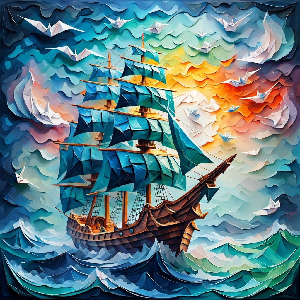 An origami galleon on a layered paper sea. A stylized painti...
