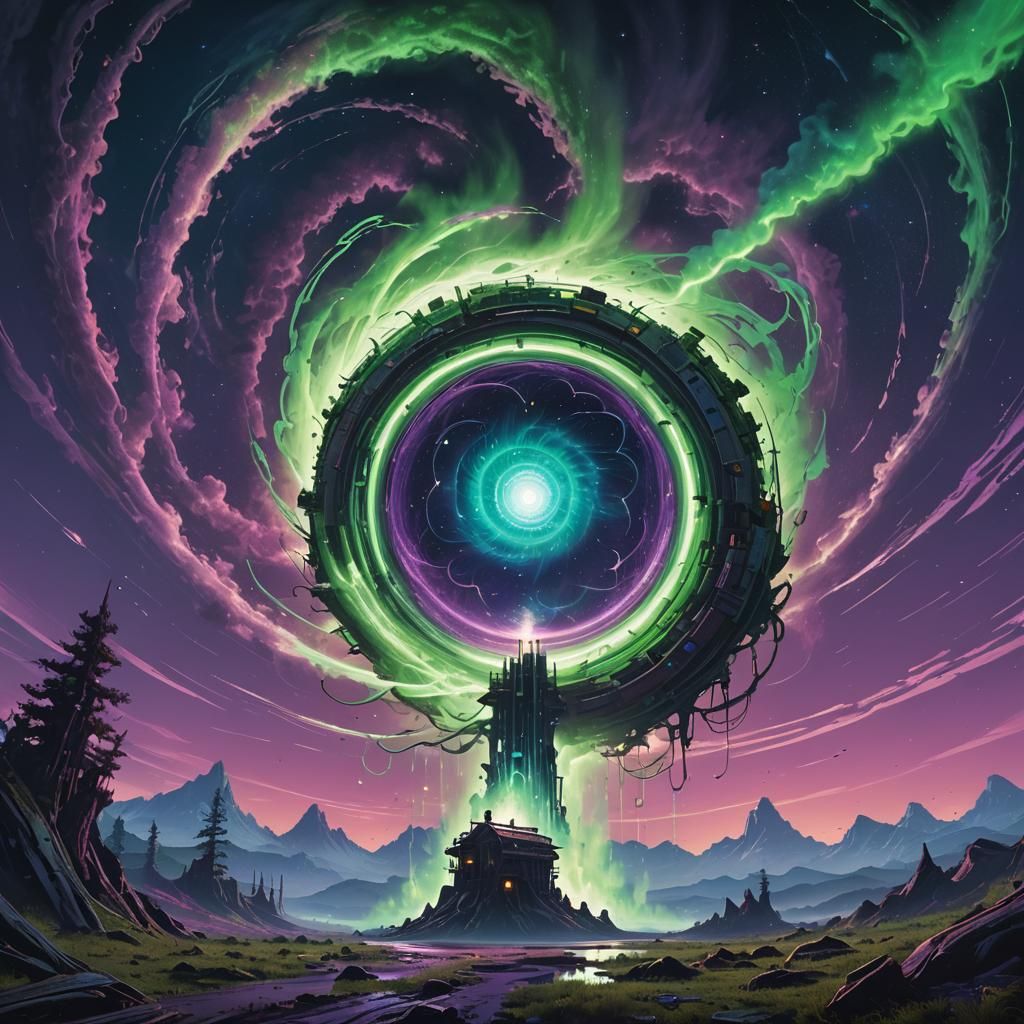 Iridescent Portal Amidst Cosmic Gas, Digital Art