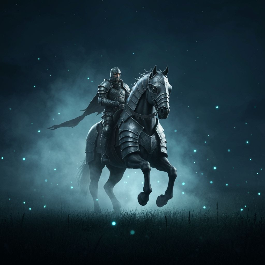 Armored War Horse Emerges from Bioluminescent Fog