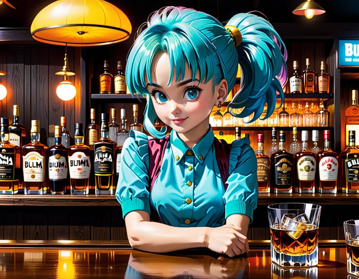 Bulma as Bartender in Toriyama-Style Japanese Bar