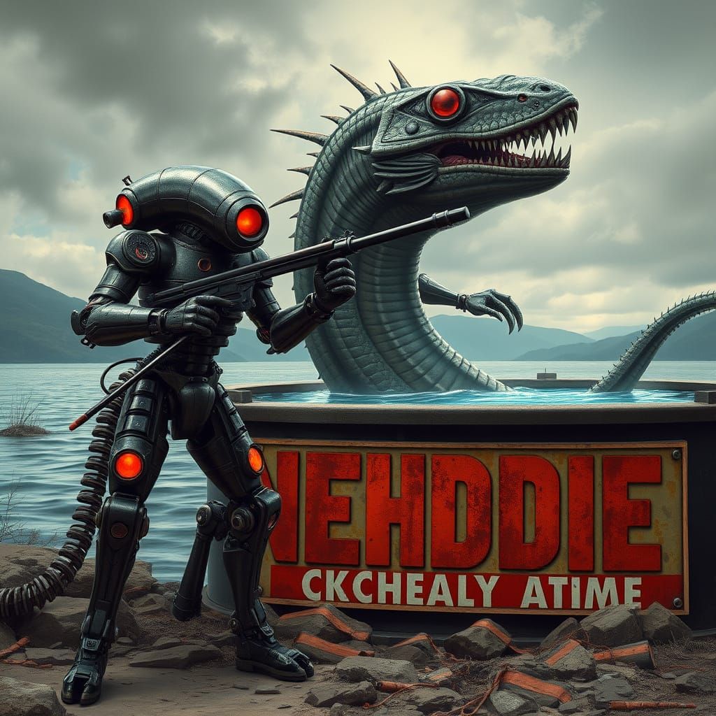 Robotic Loch Ness Monster Hunters in Dark Metal Style
