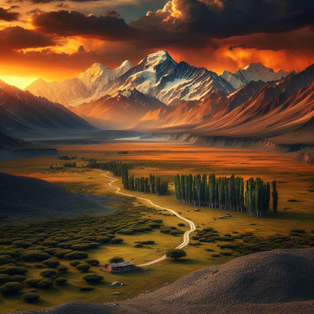 Epic Landscape with Setting Sun