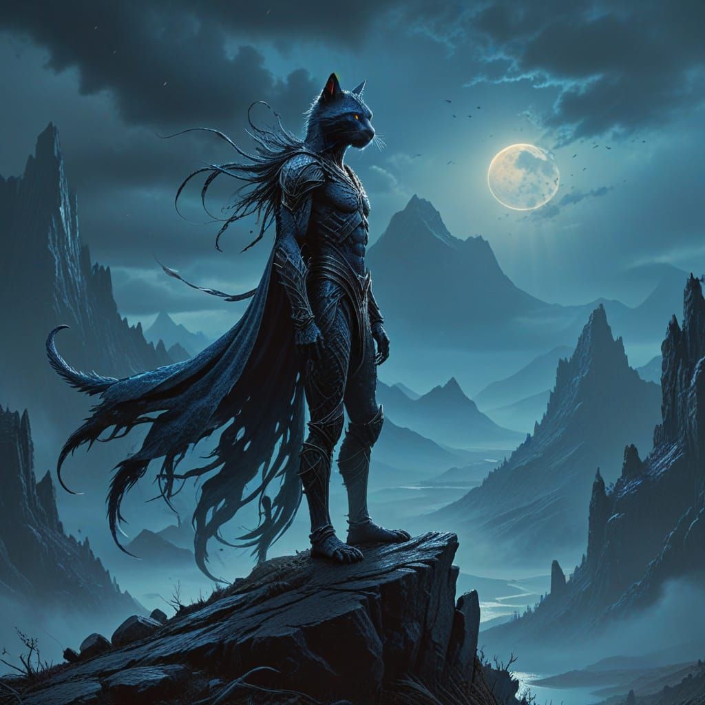 Monochromatic Cat-Man in Floating Mountain Landscape