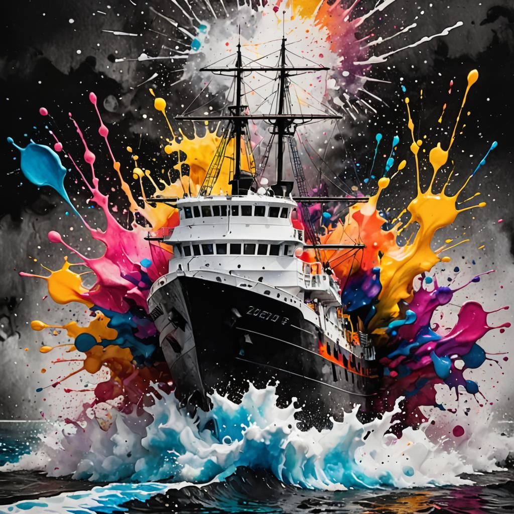 Monochrome Ship Amidst Colorful Ink Splash Art