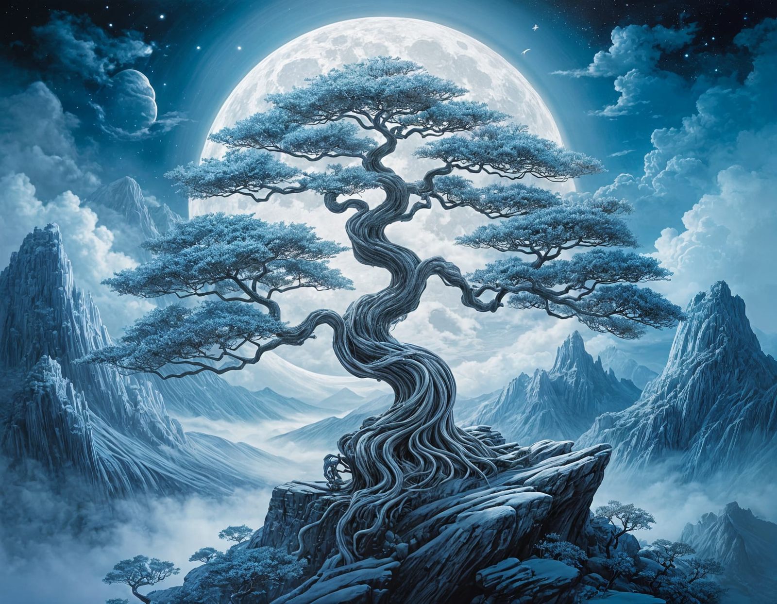 Glowing Silver Bonsai Tree Under Enchanted Moonlight