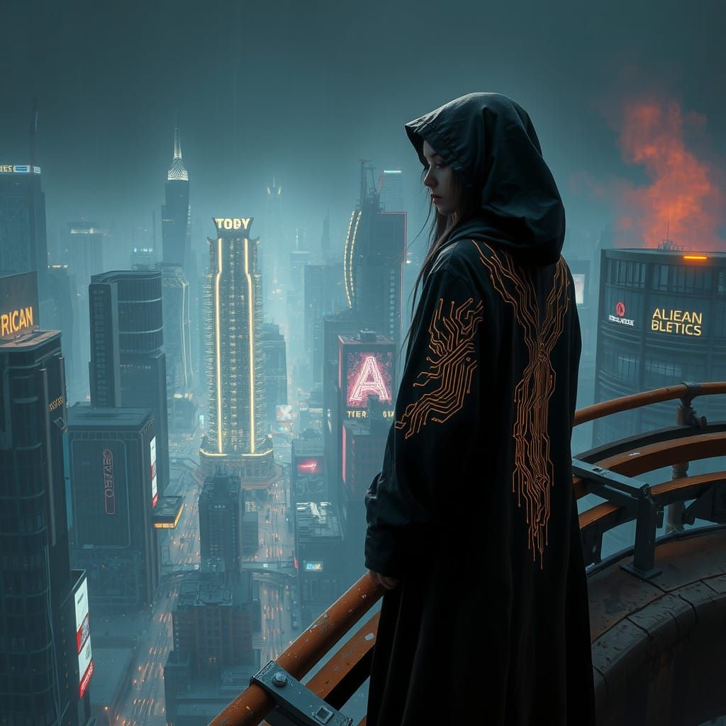 Cyberpunk Goddess Overlooks Neon Metropolis