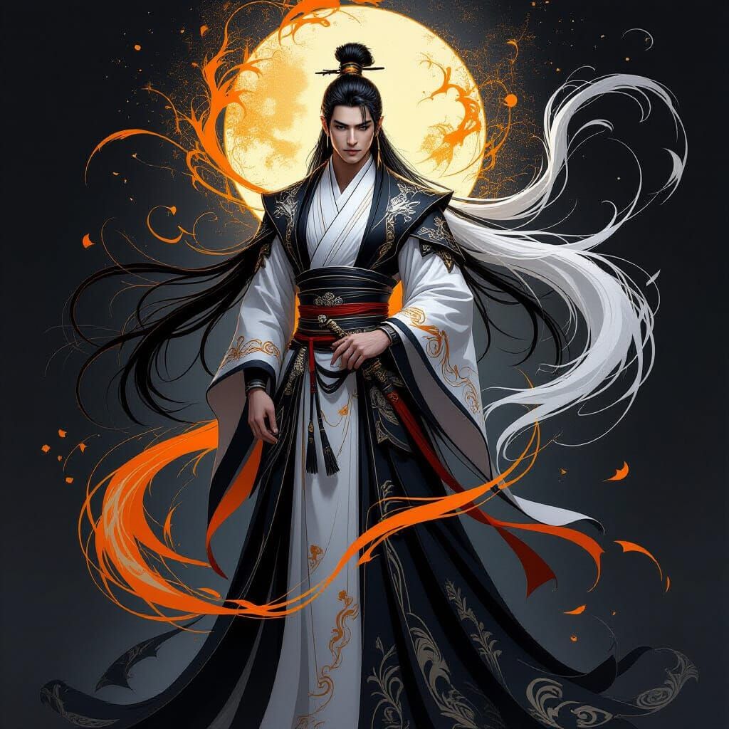 Asian Man in Hanfu: Light, Dark, and Magic