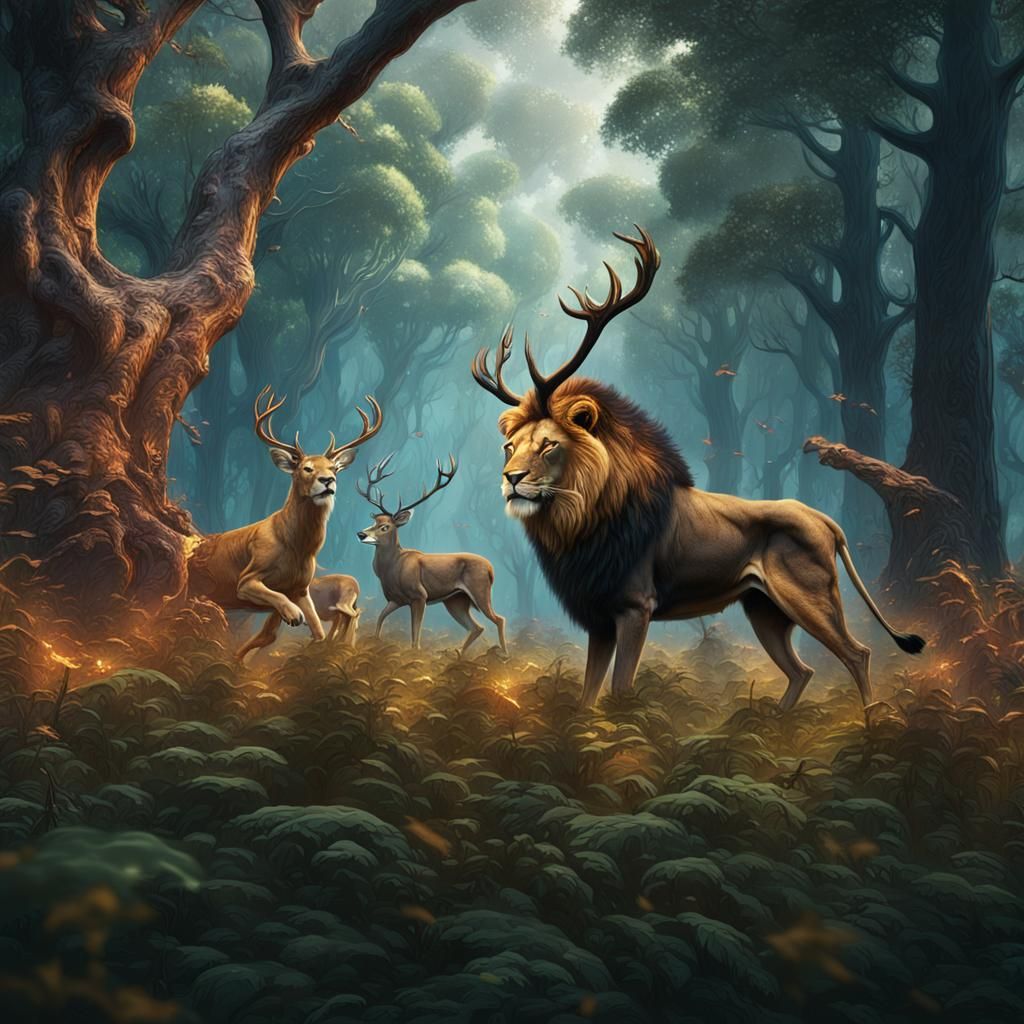 Lion Attacks Deer: Detailed Matte Painting