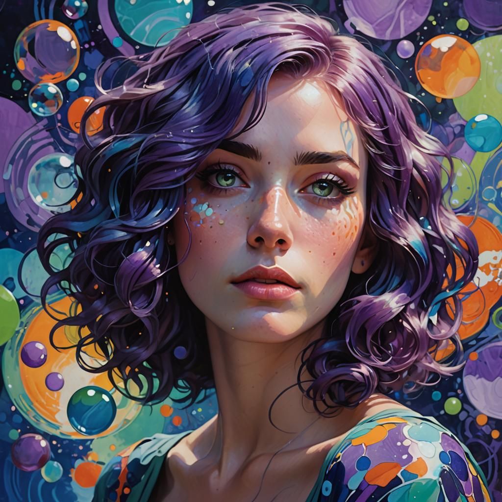 Vibrant Portrait of a Thoughtful Woman with Purple Hair