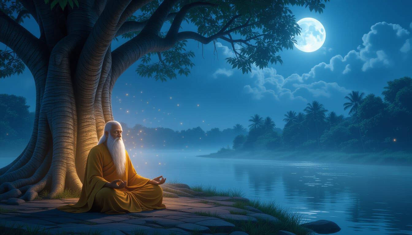 Old Sage Meditating Under Banyan Tree in Moonlight Glow