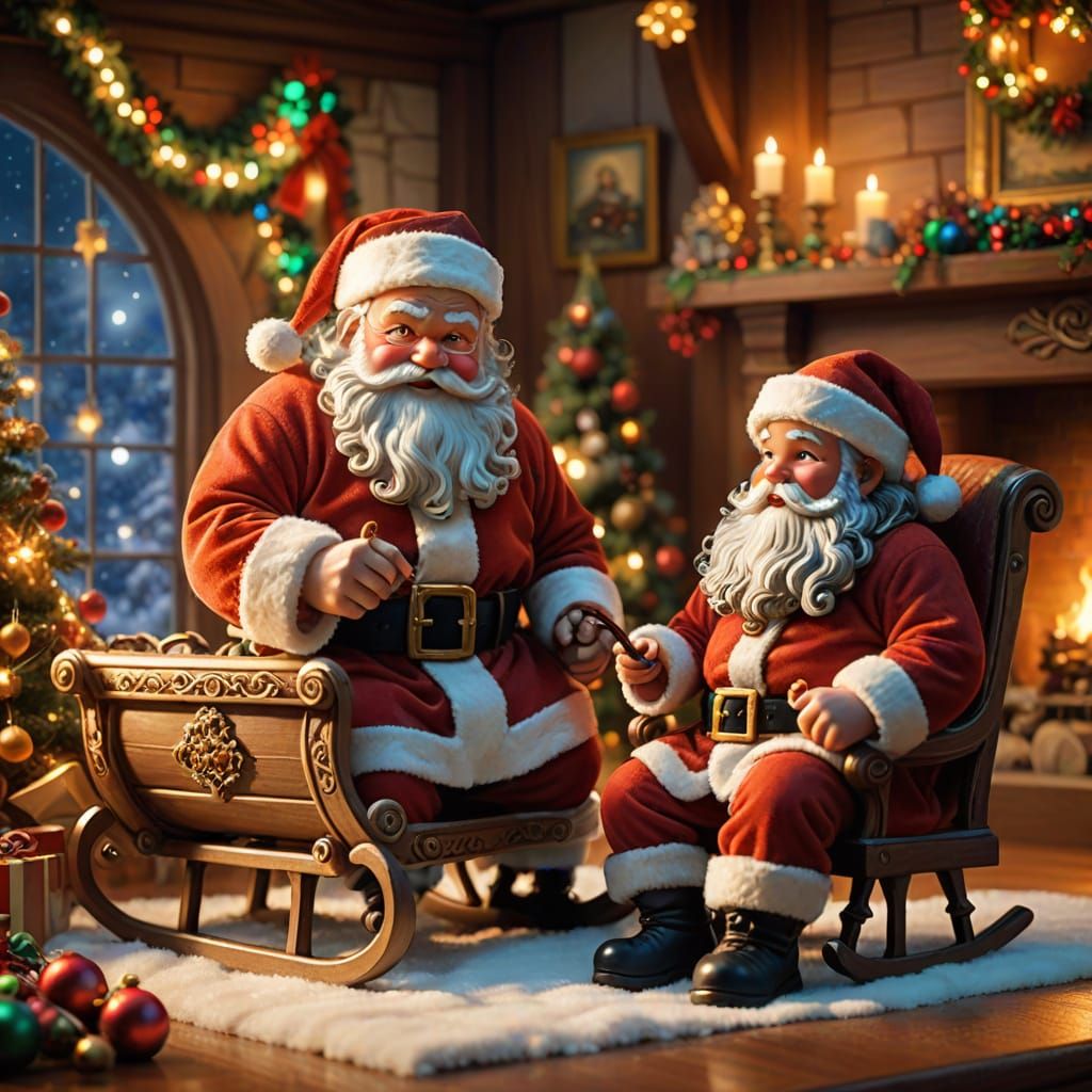 Santa Claus Playing With Toy Sleigh in Ethereal Christmas Ro...