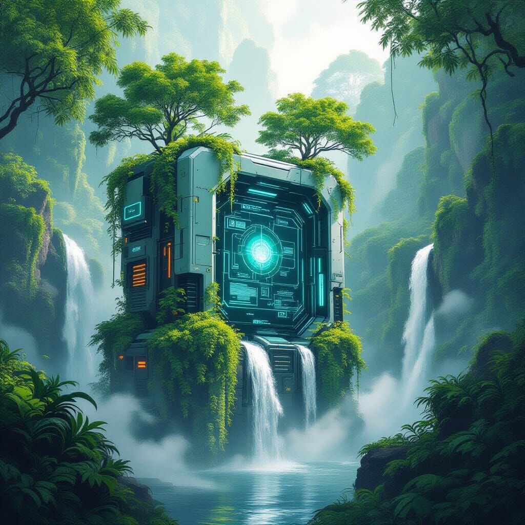 Futuristic Green Computer with Tropical Waterfalls