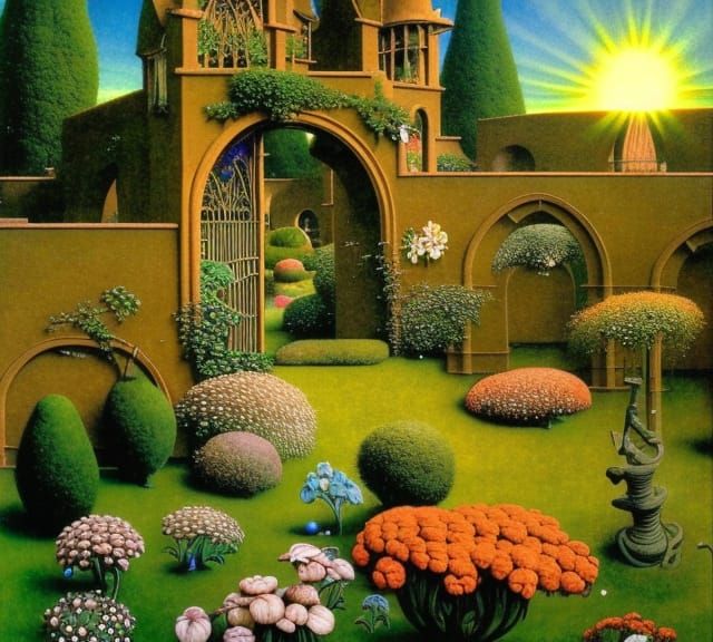 Sunrise Garden with Gothic Archways in Art Nouveau