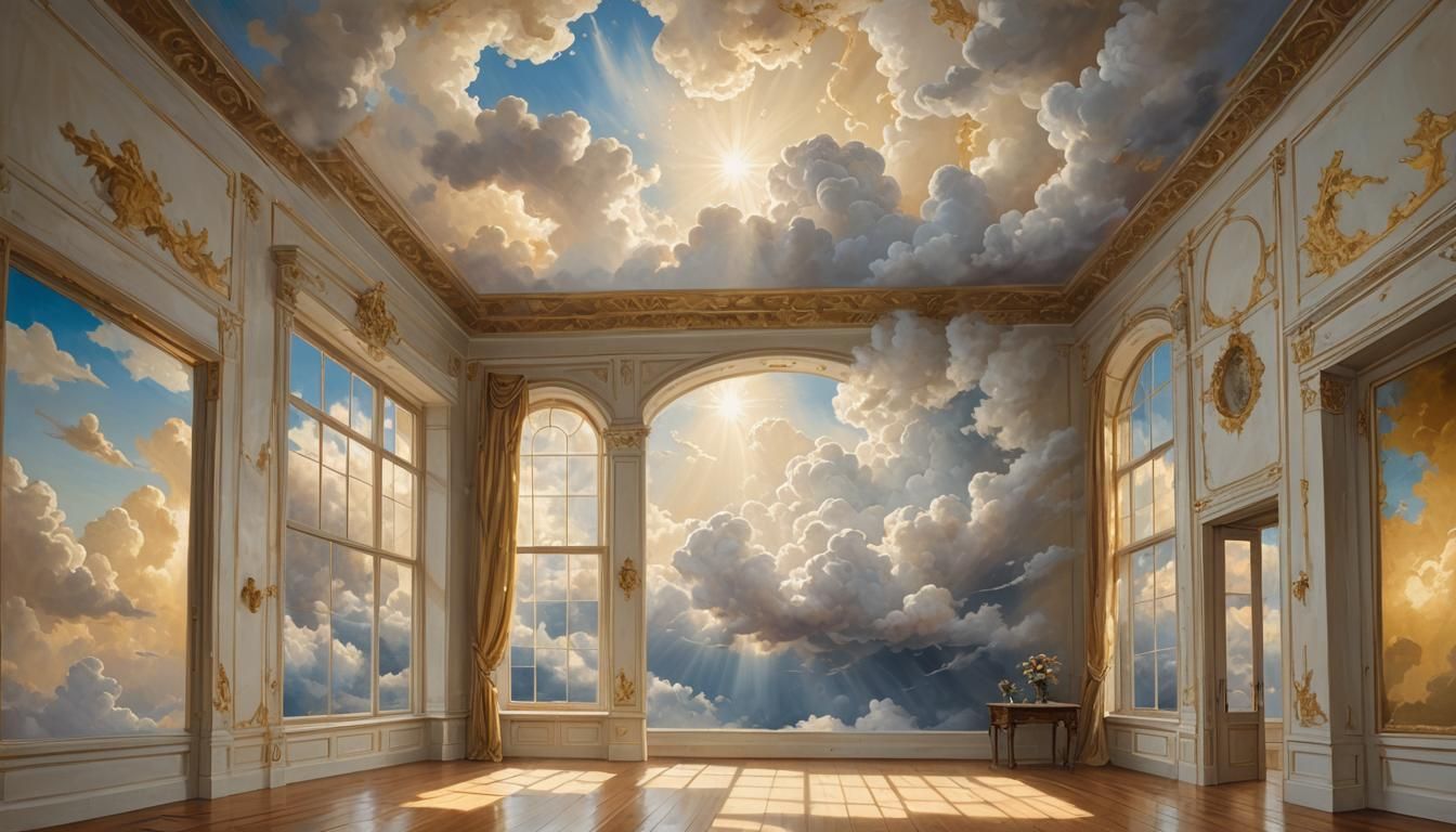 Ethereal Clouds Fill Empty Room as Oil Painting