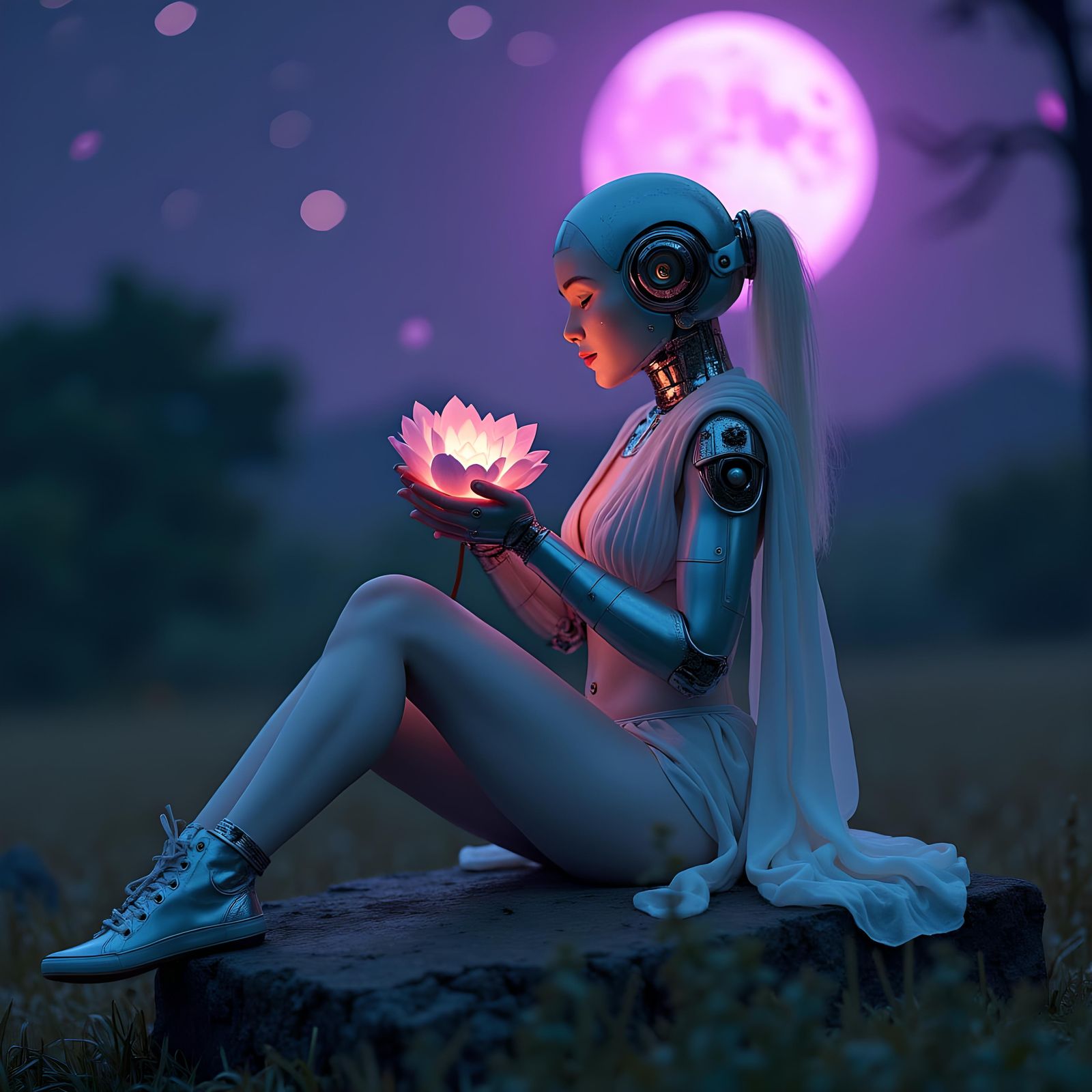 Female Cyborg in Wilderness at Night