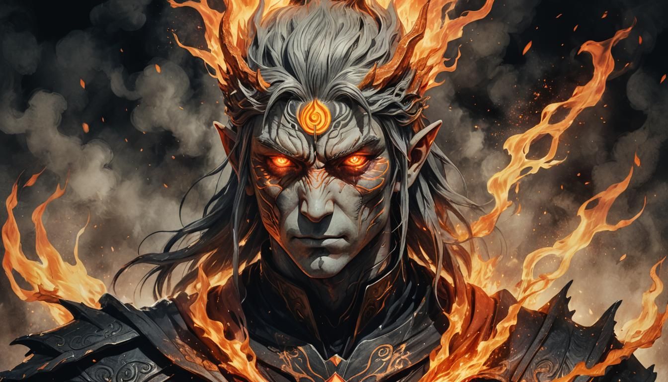 Sauron in Flames: Anime-Style Watercolor Art