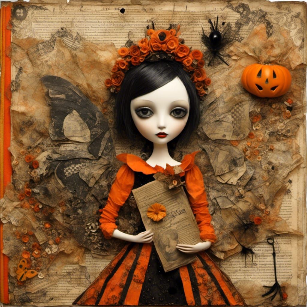 Gothic Halloween Princess with Bat in Collage Style