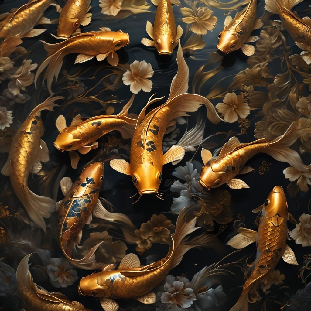 Floral Golden Koi Vase Still Life in Oil Painting Style