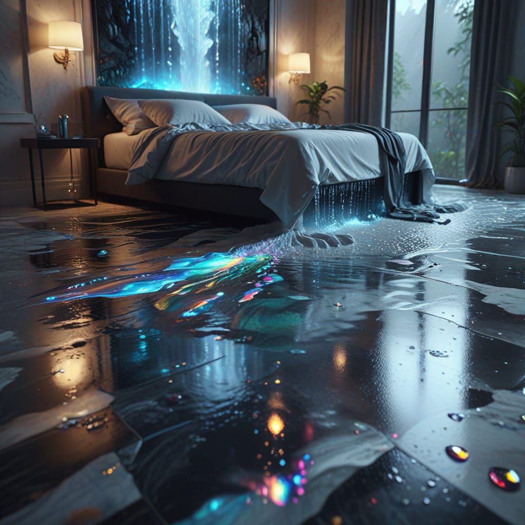 Bedroom Waterfall Hologram in Digital Art Style