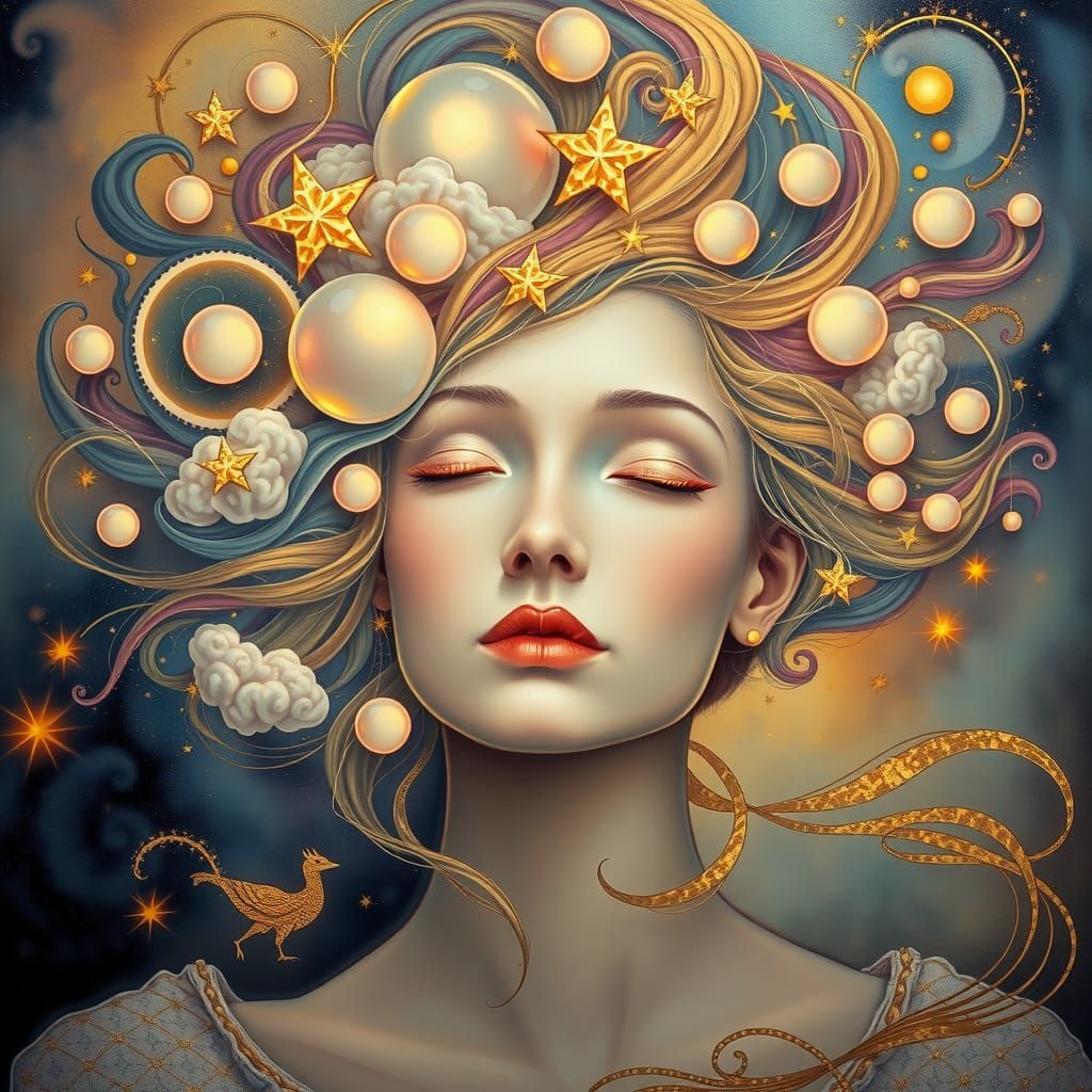 Ethereal Woman Portrait with Luminous Clouds and Stars