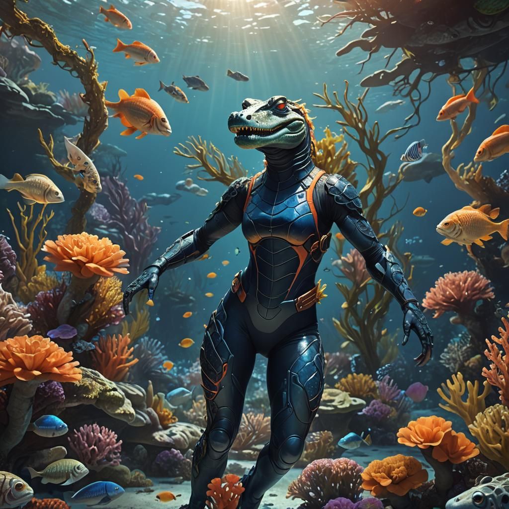 Alligator Girl Swims in Coral Reef: Fantasy Art