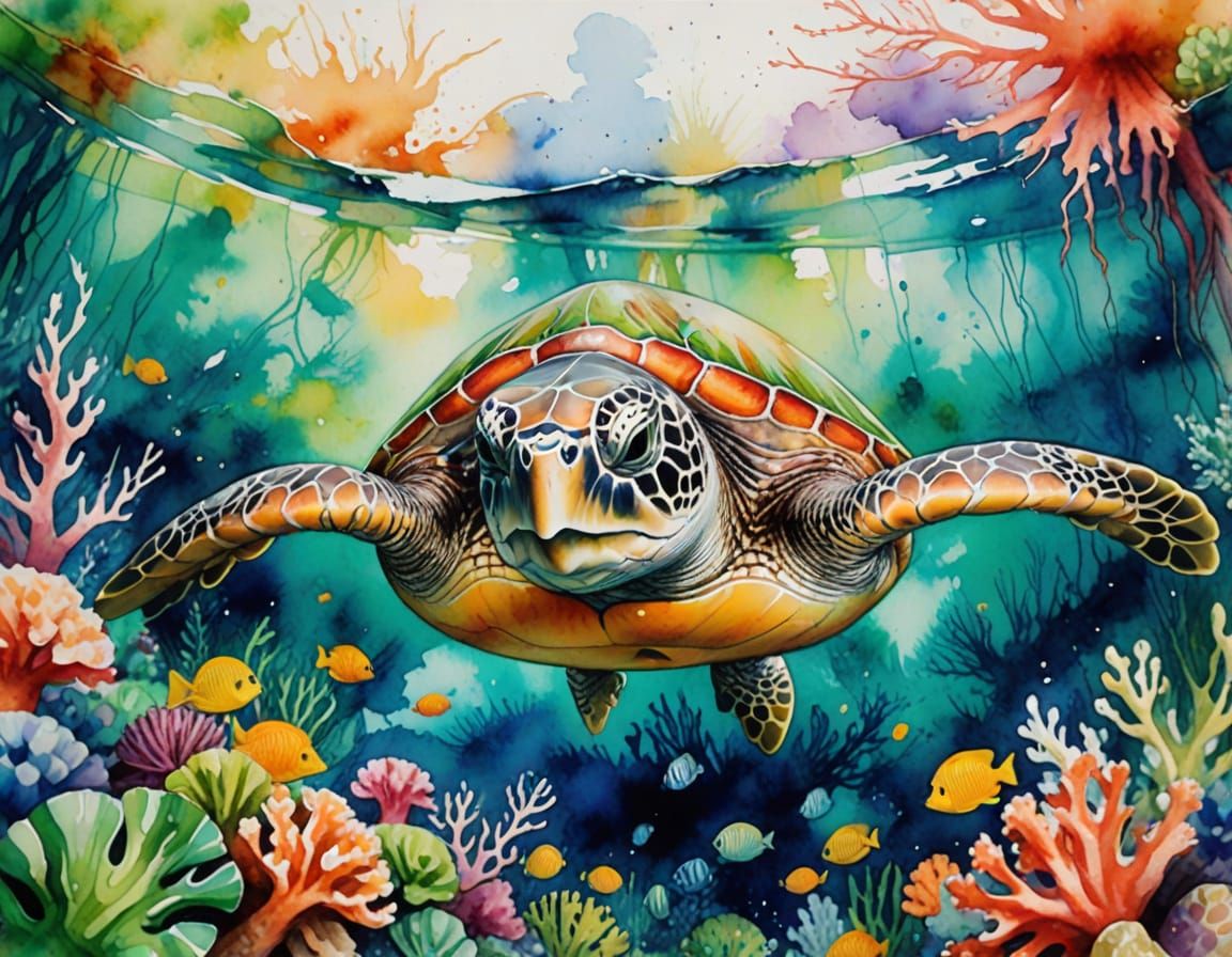 Green Sea Turtle Among Colorful Corals in Watercolor