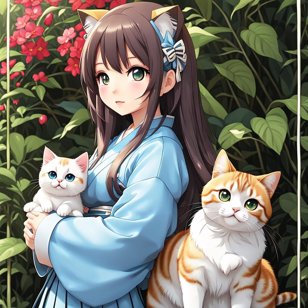 Charming Chibi Japanese Girl with Cats