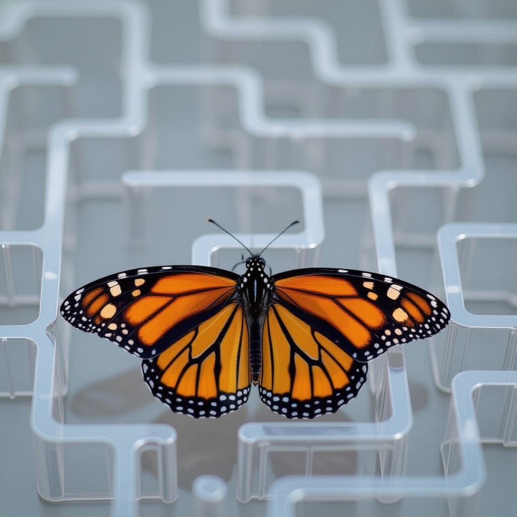 Monarch Butterfly Lost in a Clear Maze
