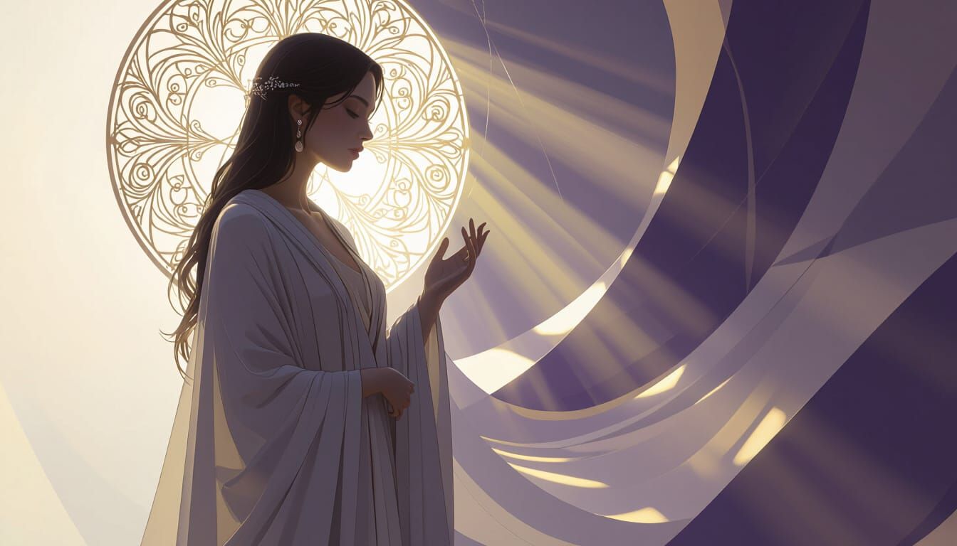 Serene Figure Amidst Abstract Shapes in Dark Fantasy Style