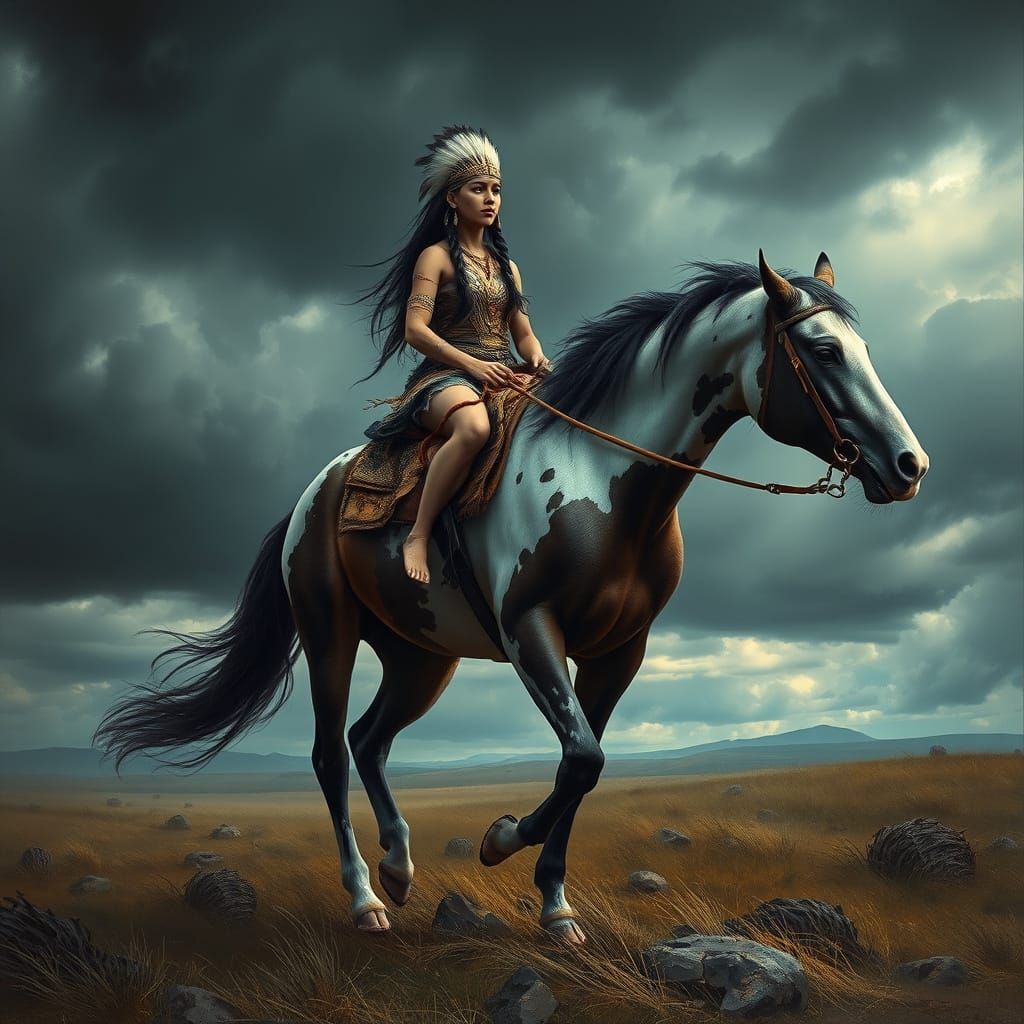 Lakota Warrior Woman Rides Appaloosa Horse Amidst Stormy Lan...