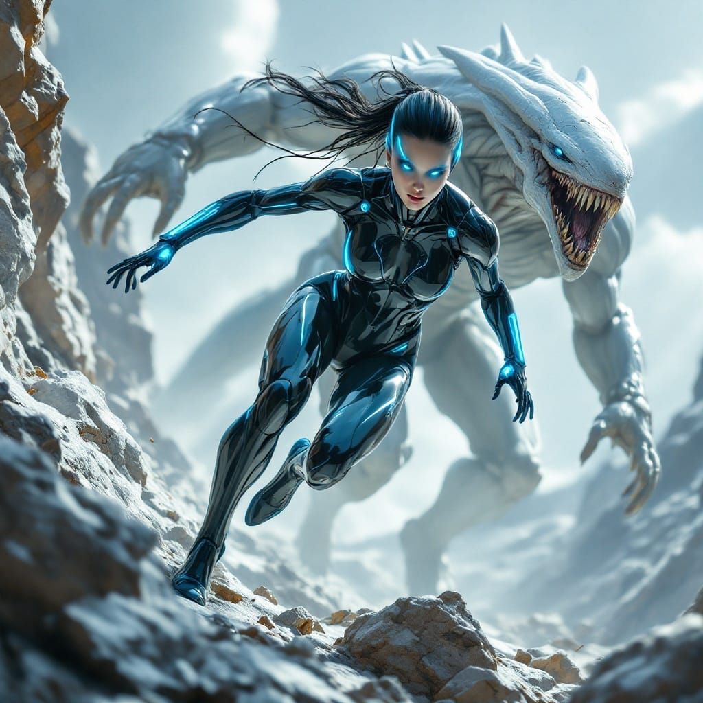 Futuristic Android Leaps Across Jagged Rocks in Cyberpunk Ae...