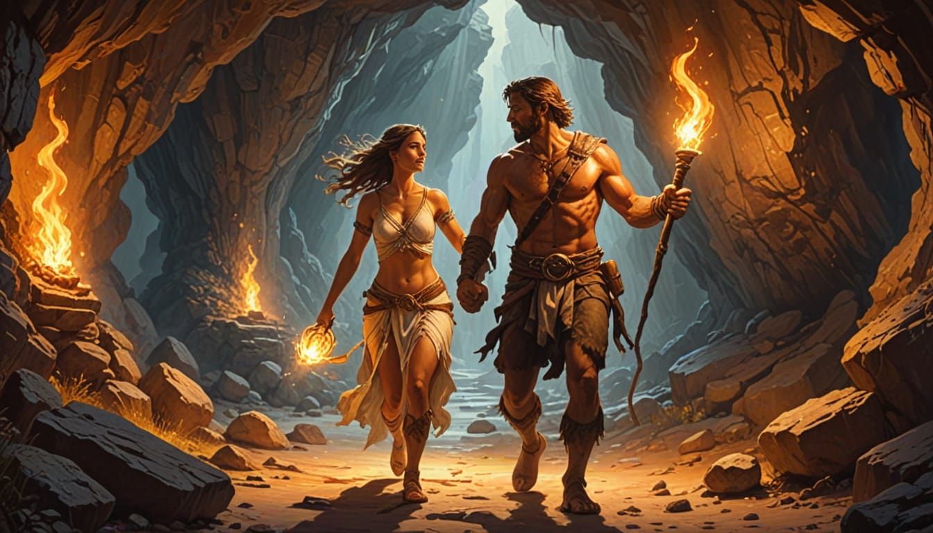 Stone Golem and Woman in Cave, Fantasy Art