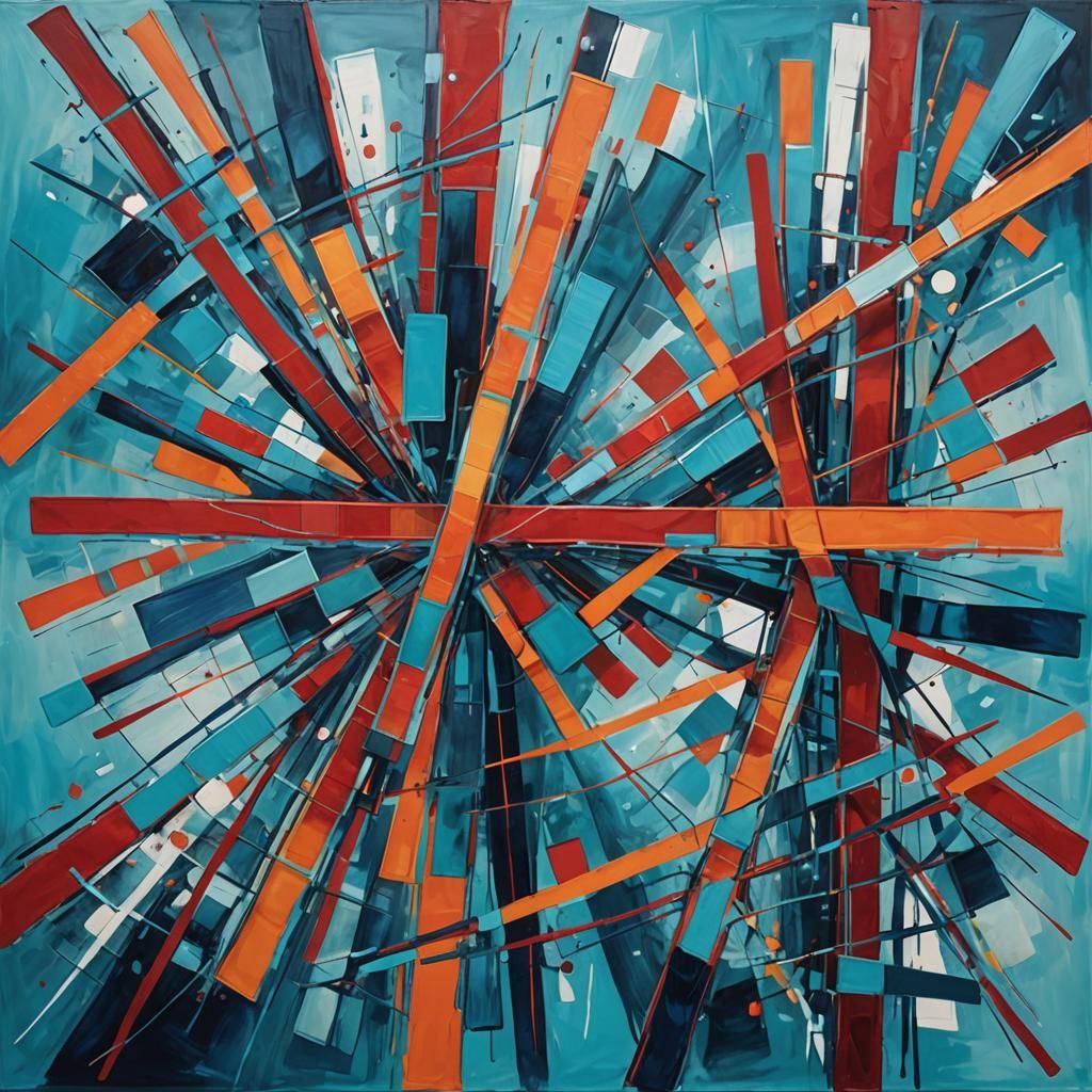 Abstract Painting with Intersecting Lines and Vibrant Colors