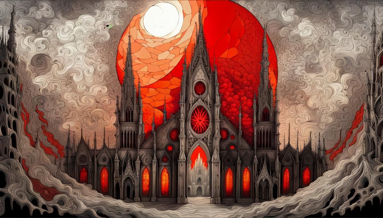 Gothic Cathedral Under Giant Red Sun, Bosch Style