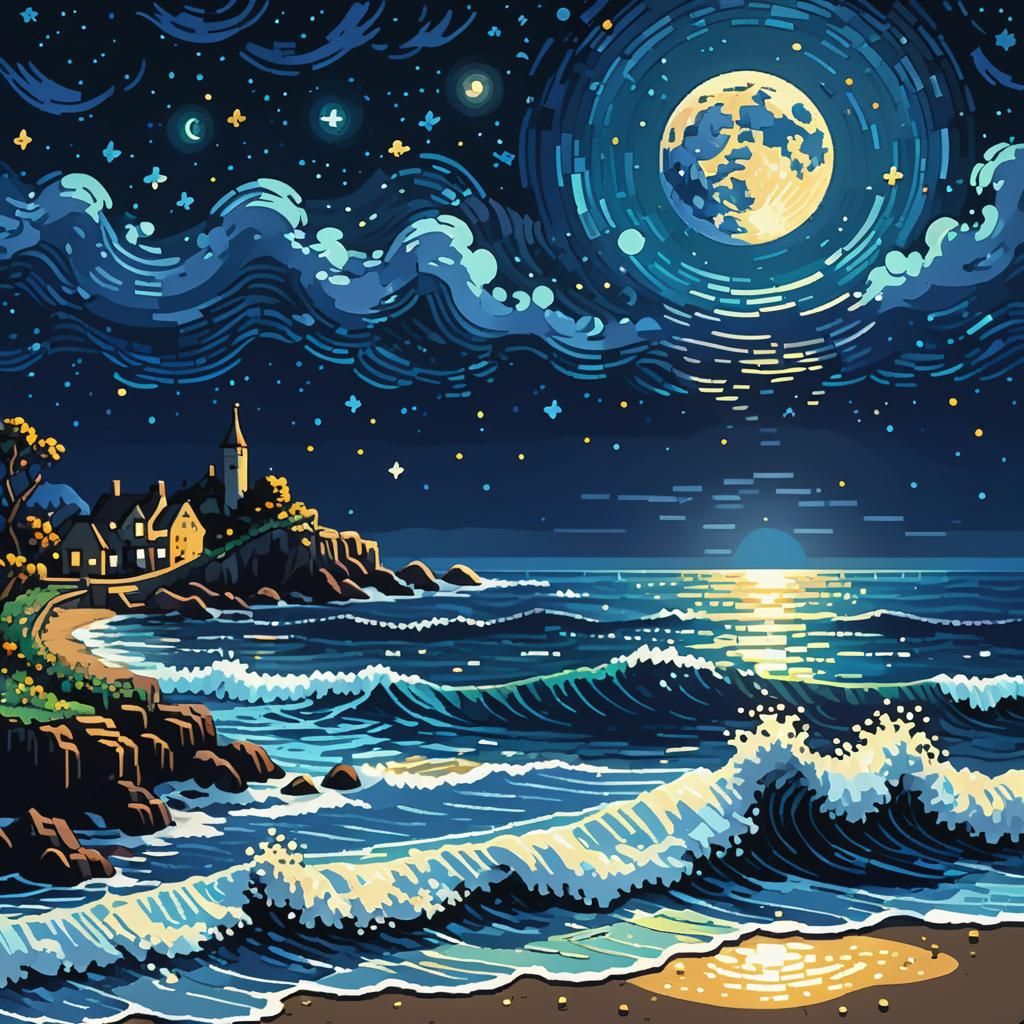 Pixel art style landscape of the ocean at night. The October...