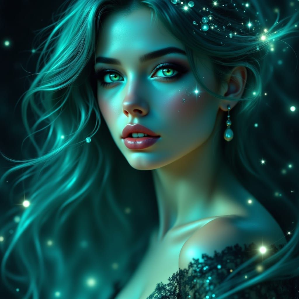 Ethereal Woman Portrait in Teal and Teal Glow
