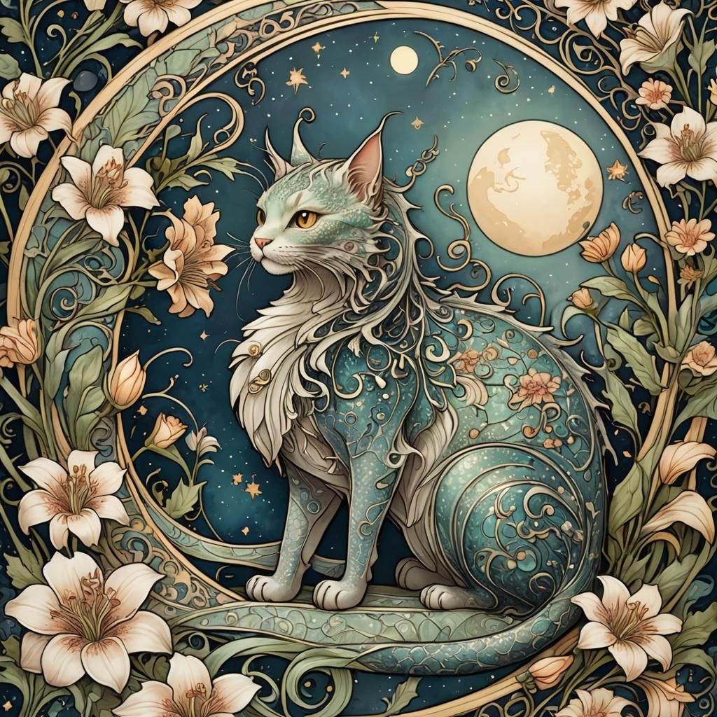 Art Nouveau Dragon Cat on Crescent Moon