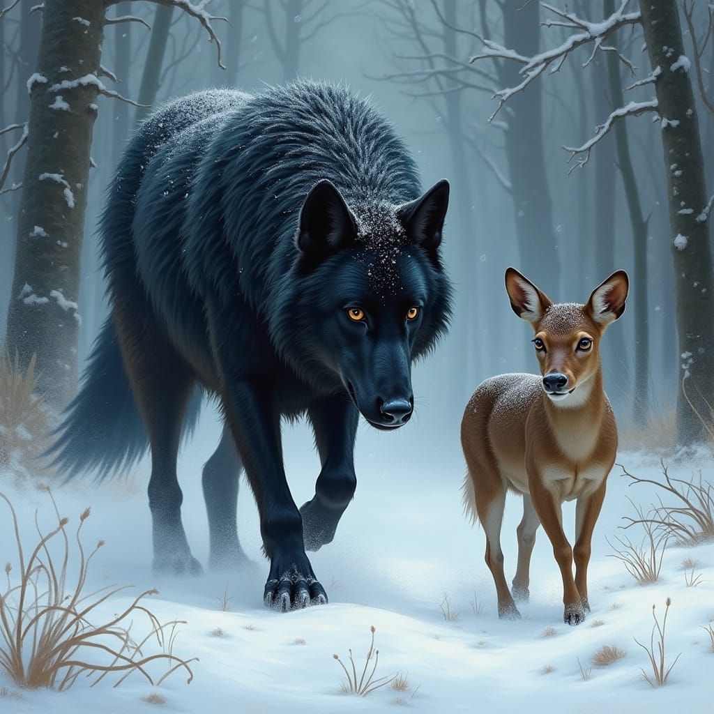 Majestic Black Wolf Hunting Deer in Snowy Forest