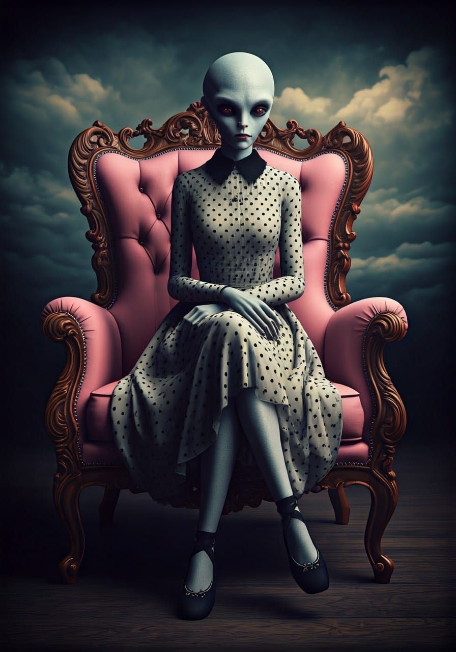Alien in Polka-Dot Dress on Ornate Armchair